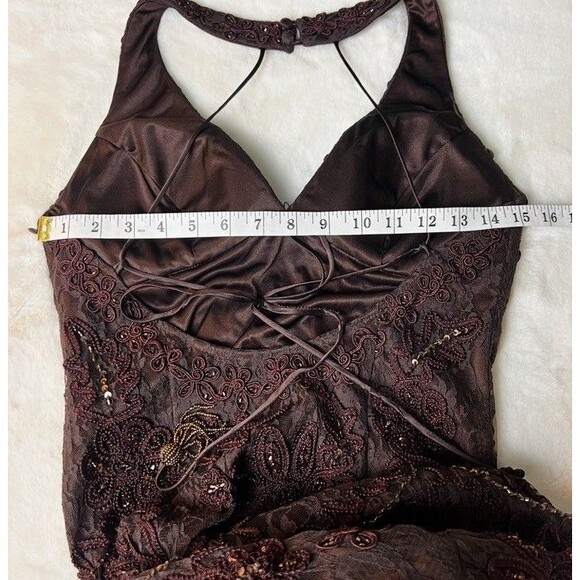 Sue Wong Nocturne Formal Dress Brown Lace Beaded Halter Maxi Size 8 - Picture 15 of 16